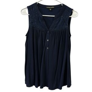Always Indigo Navy Embroidery and Lattice Yoke Half Button Up Sleeveless Top L